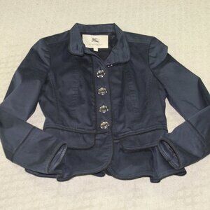 Burberry Women's Size 6 Navy Blue Cotton Scalloped Peplum Large Silver B…
